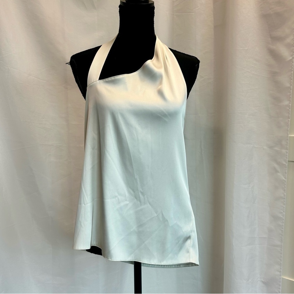 Zara Ivory White Satin Effect asymmetrical draped neckline open back halter top